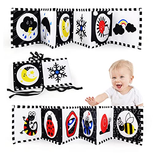 JoyPlus Jouet Bébé 0-12 Mois, Jouets Montessori Sensoriels à Contraste Elevé Noir et Blanc, Jouets pour Le Ventre de Bébé, Livre de Bébé Noir et Blanc, Livre en Tissu Doux Double Face pour Nouveau-né Cover