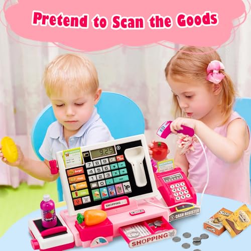 Image of Kids Cash Register Toy with Shopping Cart Toddler Pretend Play Store Cashier Register for Kids with Music / Real Calculator / Scanner Learning Toys for Girls Birthday Gift for 3-8 Year Old Girl