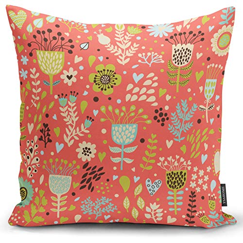 Ysahome Nature Throw Pillow Cushion Cover, Spring Style Cartoon Tulip with Buds Heart Flower Leaves Drop Patterned Print, Decorative Square Accent Pillow Case, 18x18 Inches, Coral Blue Green
