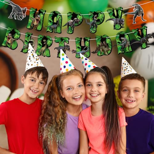 Image of Hooqict Dinosaur Birthday Party Banner Dinosaur Birthday Decorations Happy Birthday Banner Garland Sign for Kids Boys Girls 1st 2nd 3rd Baby Shower Dino Themed Party Decorations Supplies