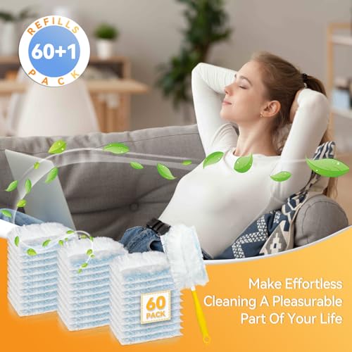 Image of 60 Pack Dusters Refills Compatible with Swiffer Duster Handle Models, 180 One Sided Duster Refills for Short and Extendable Handles, with 1 Pack Handle