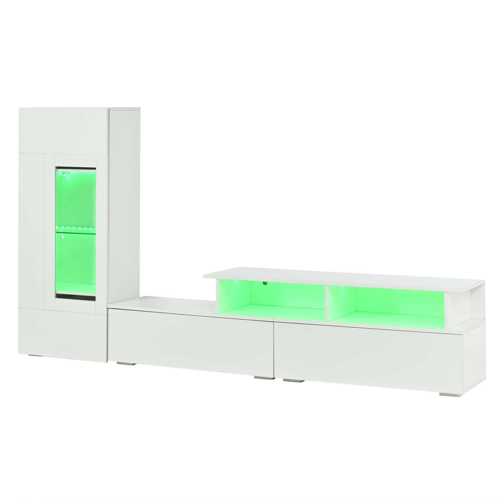 Zestaw meblościany do telewizora o jasnym kolorze 190 cm – 3 sztuki z oświetleniem LED, meble do salonu, przedni wyświetlacz ścienny, w zestawie szafka pod telewizor i witryna do stylowego wystroju