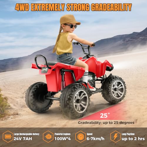 Image of Hikole XL 24V ATV, 4 Wheelers for Kids Ages 6-14, 2 Seater, Red | Iron Frame, 4X100 Power Motor, 24'' Spacious Seat, Spring Suspension, Music & LED Lights