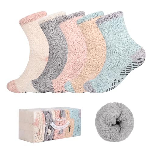 Image of Bulinlulu Fuzzy Socks With Grips for Women, 5 Pairs Non Slip Sleep Warm Fluffy Slipper Socks Gifts for Women