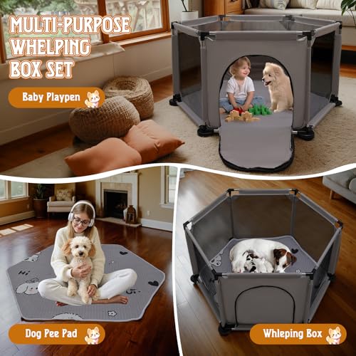 Sechseckige Wurfbox für besonders große Hunde Welpenbox mit Wurfunterlage für große und kleine Hunderassen Wurfzubehör für Hunde und Welpen Maße 122x65 cm