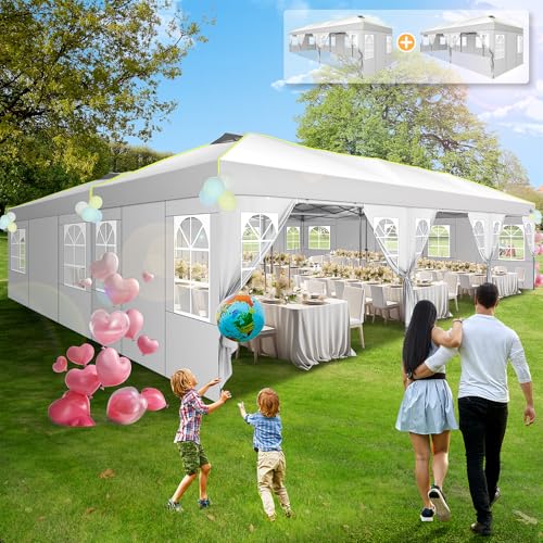 Image of COBIZI 10x30 Pop Up Canopy Tent, Wedding Party Tent with 8 Sidewall One Push Setup Glow, 3 Adjustable Height Air Vent Waterproof UPF50+, Wheeled Bag, Sandbag, Stake, Rope for Commercial, Outdoor