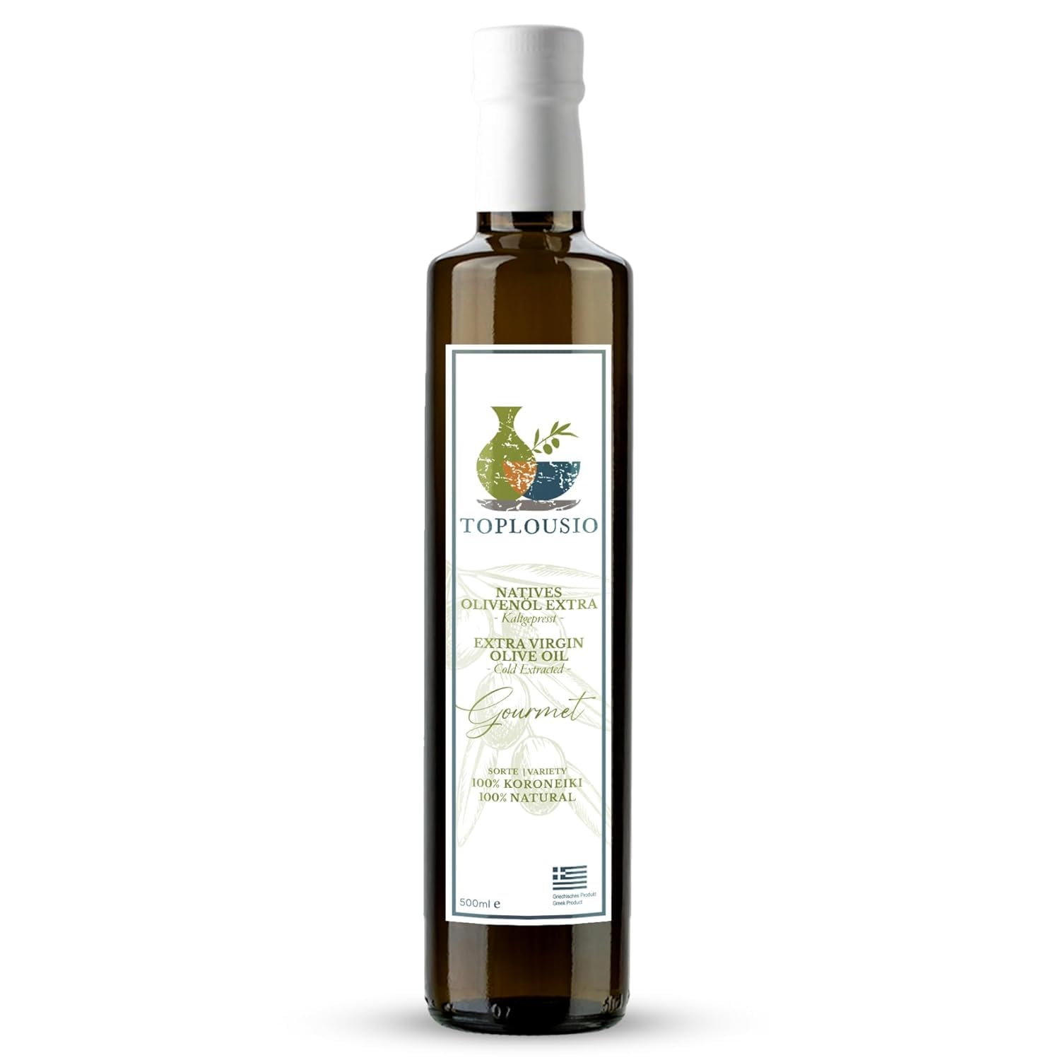 TOPLOUSIO Natives Olivenöl Extra- Kaltgepresst, Fruchtig-Mild - 100% Koroneiki Oliven aus Griechenland - Ideal für Salate & Mediterrane Küche