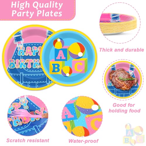 Image of 96 Pcs Girls Party Decorations Cartoon Teacher Plates and Napkins Happy Birthday Tableware Set Decor Supplies for Birthday Baby Shower Girl Cartoon Party Favors for 24 Guests