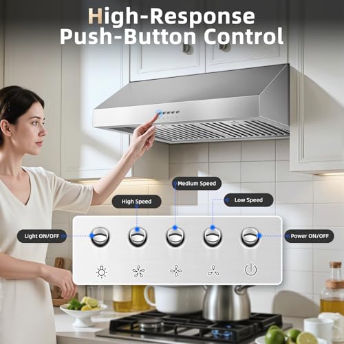 Image of Tiesay 30 Inch Under Cabinet Range Hood 900 CFM with Ductless Convertible Duct Kitchen Hoods, 3-Speed Adjustable, Dishwasher Safe Baffle Filters, LED Lights, Stainless Steel, Button Control