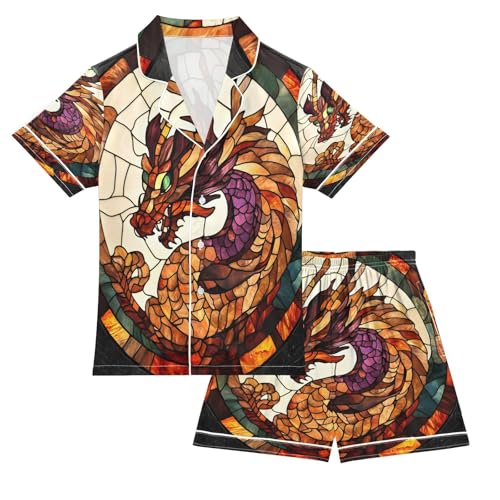 ALAZA Dragon Abstract Vintage Funny Satin Pajamas Set Short Sleeve Button Down Sleepwear Summer Pjs 2 Piece
