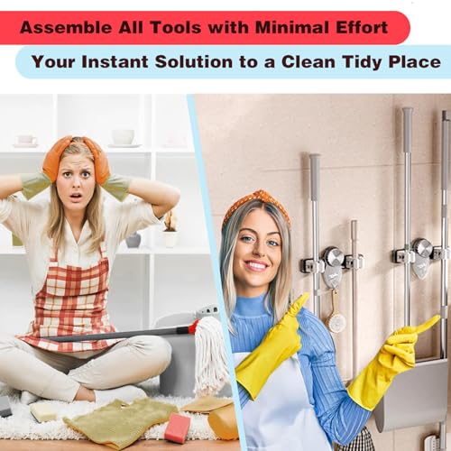 yunanwa 6 Pack Broom Holder Wall Mount Mop Hanger, No Drill Suction Cup Mop Broom Organizer with Hooks, Space Saving Rack Removable Mop Clip for Kitchen, Garage, Bathroom, Laundry Room — view 5