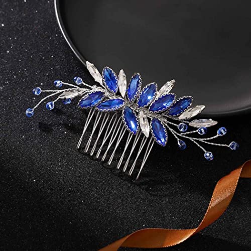 Latious Bride Wedding Hair Comb Silver Crystal Bridal Hair Clip Blue Rhinestones Hair Piece Royal Sapphire Crystal Hair Accessories For Women And Girls #TOP26