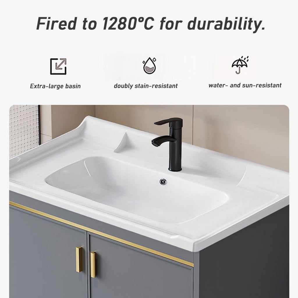Fregadero Integrado Y Espejo Mueble Lavabo con Espejo Espejo De Pie para Guardarropa con Lavabo De Cerámica Mueble De Almacenaje(70 * 40 * 47CM)