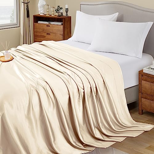 Image of Ersmak Satin Flat Sheet Only, Single Flat Sheet Full, Luxury & Ultra Soft Silky Bedding Top Sheet for Full Mattress - Beige