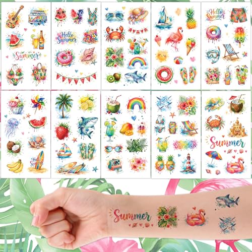 Qpout 92 PCS Tatuajes Temporales de Verano, Pegatinas de Tatuaje Falsas Impermeables Acuarela con Frutas Tropicales, Flamencos, Hibisco para Luau Hawaiano, Fiesta en la Piscina, Suministros