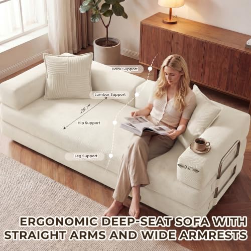 Image of GRUSIGN 78 inch 5-in-1 Convertible Futon Sofa Bed, Boneless Corduroy, Ivory