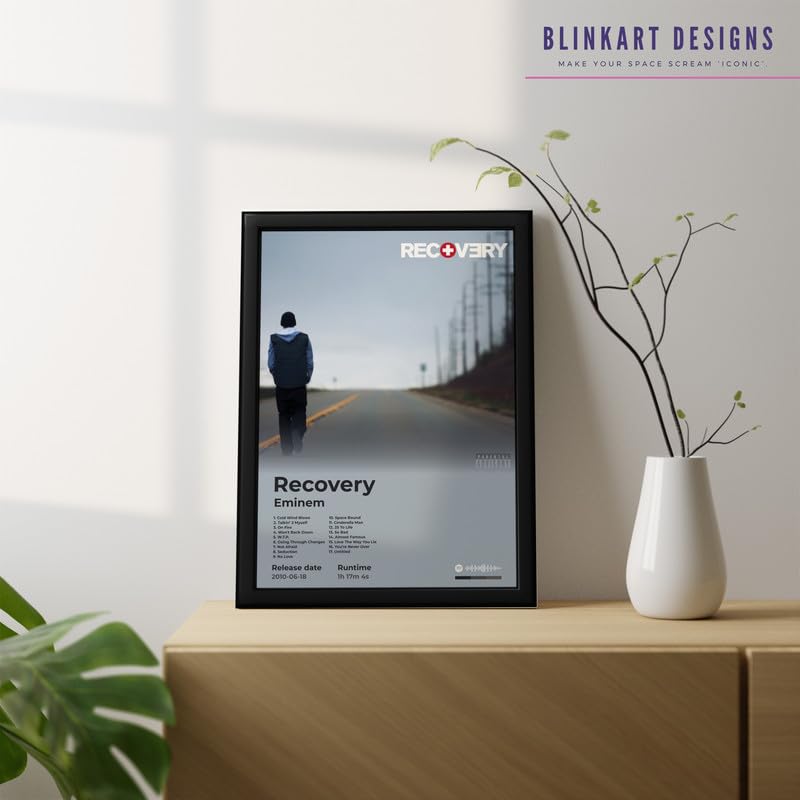 Image of BLINKART Eminem- Recovery Wall Photo Frames | Wall Art for Bedroom, Living Room, Studio or Office | Album Cover Print with Spotify Song Link QR Code | Gift for Fans - 8x12 In