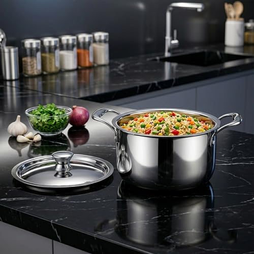 Image of AGARO Regency 20 cm Triply Stainless Steel Casserole with Lid, 3.2L, Induction & Gas Compatible, Even Heat, Non-Toxic, Dishwasher Safe cookware for Kitchen Perfect for biryani, pulao & Curry.