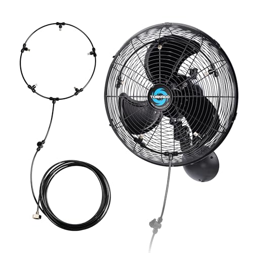 Image of Tornado 16 Inch Outdoor Wall Mount Fan with Pre-Installed Misting Kit for Patio Barn Greenhouse, 3-Speed Ball Bearing Motor, 3300 CFM High Velocity, IPX4 Water-Resistant, 5 Brass Nozzles Misting