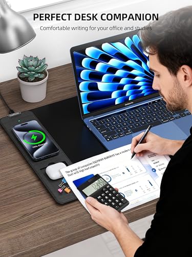 Image of TopMade Mouse Pad with 15W Wireless Charging, Removable 8-Digit Solar Calculator, Exact Large Desk Pad, Waterproof Mousepad Home Office Desk Mat (Includes 20W PD Power Adapter & 6.56ft Woven Cable)