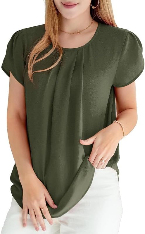 Dokotoo Women's Casual Round Neck Basic Pleated Tops Short Sleeve Loose Fit Curved Back Chiffon Blouses Tshirts - Image 4