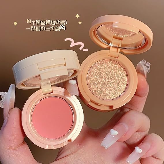 Bajajbeauty 3 in 1 face blusher + highlihger with mini compact palette | travel friendly mini face blush and highlihter palette (SHADE -1) - Image 3