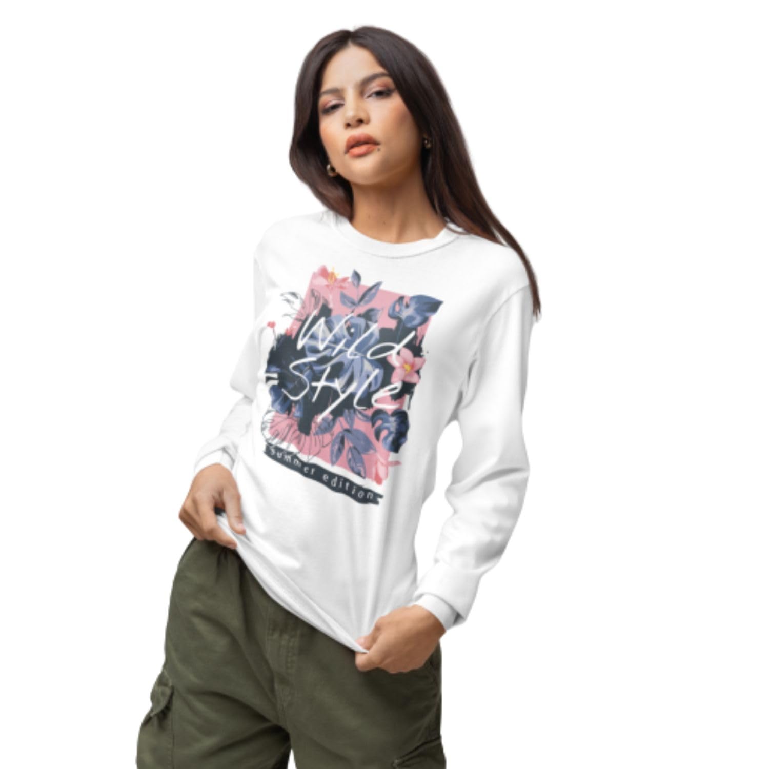 Women's Graphic Tshirt, White, Wild Style Floral Print, Long Sleeve, Summer Edition-image-44
