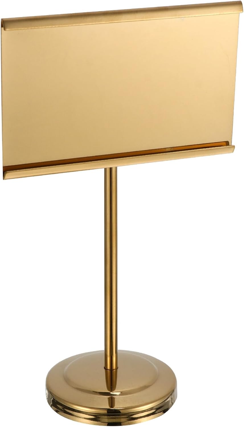 Luxshiny Stainless Steel Menu Holder and Table Number Stand 6 Size Yellow Metal Base Fixed Display for Restaurant Buffet and Office Desk