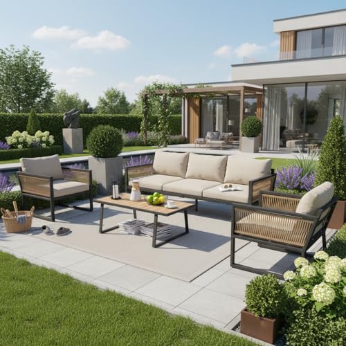 Ensembles de mobilier de terrasse, Salon de jardin en polyrotin, canapé d'angle modulable résistant aux intempéries, Sièges en rotin tressé avec coussins...