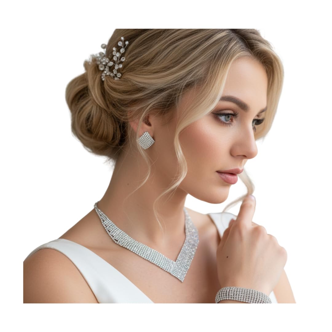 XXL Schmuckset Damen Silber – 3-teiliges Strass Collier Halskette Ohrringe & Armband – Glitzertraum Brautschmuck für Hochzeit Abiball Jugendweihe Kommunion Ball