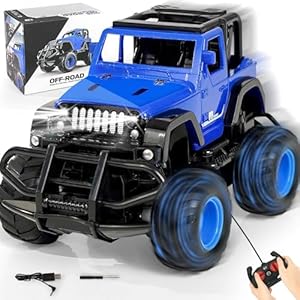 Tisany RC Truck Jeep | 4WD Off-Road Remote Control Car SUV with LED Lights | Metal Racing Vehicle Toy with Spring Suspension, Opening Doors, and Storage Case for Kids for Boys (Blue)