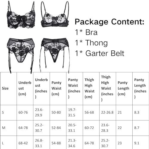Ensemble Lingerie Sexy Brodé Dentelle Florale Femme avec Porte-Jarretelles 3 Pièces Soutien-Gorge Armatures Culotte Taille Haute Maille Transparente Col V Nuisette Coquine Bretelles sous-Vêtements – Image 6