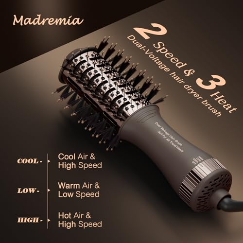 Image of Travel Dual Voltage Hair Dryer Brush 4-in- 1,Portable Mini Hot Air Blow Dryer Straightener & Curler Brush,Titanium Oval Blowout Styler Volumizer Tools-Dark Chocolate