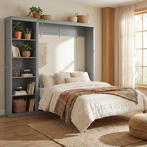 Image of Merax Space-Saving Gray Murphy Bed Queen Size with Adjustable Storage Shelves, Multifunctional Foldable Wall Bed for Small Spaces Studio Study Office Guest Room