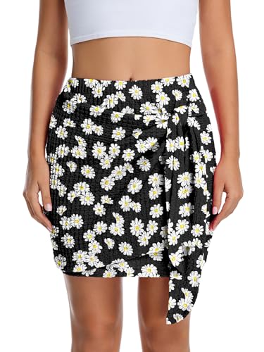 Skirts for Women Summer Mini Skirt Adjustable Tie Wrap Skirt Elastic Mid Waisted Casual Short Skirts Daisy Black