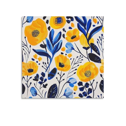 Toile murale abstraite fleurs jaunes et bleues 70x70cm sans cadre AQRJLPM
