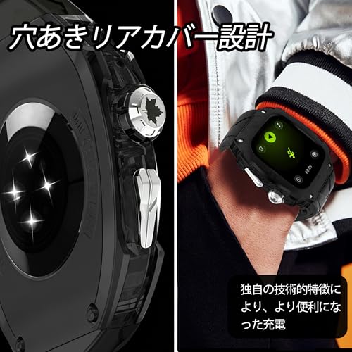 Apple Watch Series 11 10 46mmバンド用高級メタルケースバー付き 高耐久 頑丈なケース シリコンストラップiwatch Series 10 46mmベルト男性用フル保護カバー (Black)