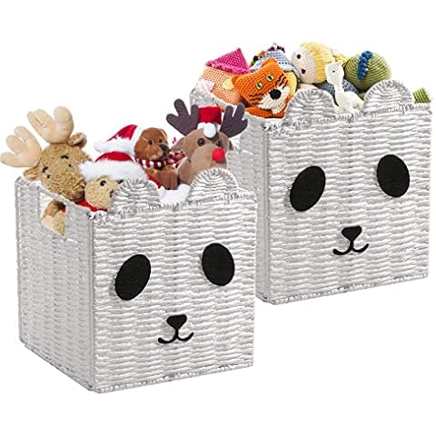 Vagusicc Wicker Storage Basket, Set of 2 Handwoven Paper Rope Cube Storage Bins, Foldable toy bin with Handle, 9'' x 9'' x 9'' Woven Baskets, Decorative Storage Baskets for Room, Gift, Toys, White Cover