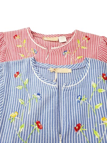 LA CERA Women's 100% Cotton Seersucker Zip Front Robe, Long Sleeve Housecoat with Pinstripe Floral Embroidery and Pockets3