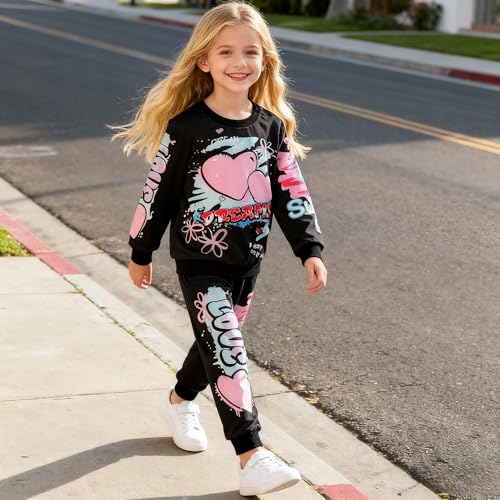 Image of Kids Toddler Girl Clothes Heart Letter Print Long-sleeved round collar top+Letter Print Pants Outfits Set