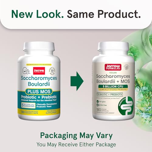 Image of Jarrow Formulas Saccharomyces Boulardii Probiotics + MOS 5 Billion CFU Probiotic Yeast for Intestinal Health Support Gut Health Supplements for Women & Men 180 Veggie Caps, 180 Day Supply,Pack of 12