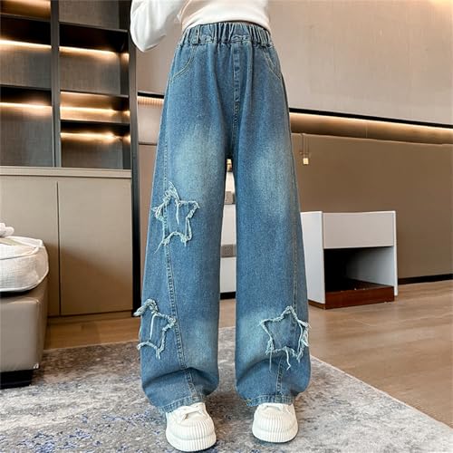 Girls Star Embroidered Jeans Baggy High Elastic Waist Soft Denim Pants Teen Trendy Ripped Cute Preppy Trousers4