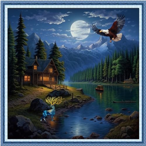 Image of Funxvoot Stamped Cross Stitch Kits Beginners Full Range of Embroidery Kits for Adults 11CT Embroidery Patterns Needlepoint Kits Printed Cross Stitch Kits - (Night View by The Lake 18x18 inchs)
