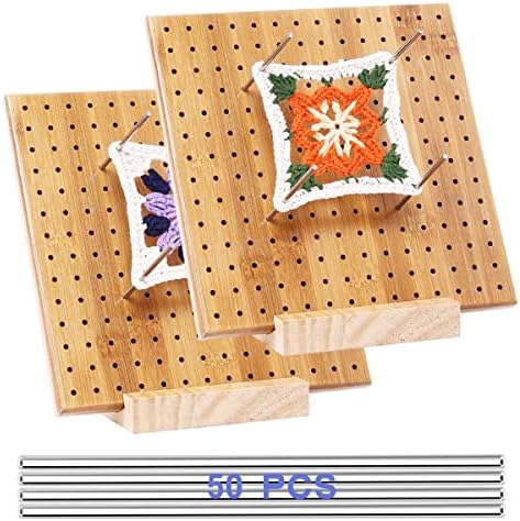 2Pcs 8 Inches Bamboo Wooden Board for Knitting Crochet and Granny Square Blocking Board for Knitting and Crochet Projects with 50-4Inches Pins and Wooden Knitting Base