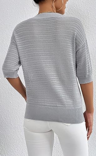 Image of Women's Hollow Out Half Sleeve Shirt Summer V Neck Knit Sweater Casual Loose Fit Pullover Top