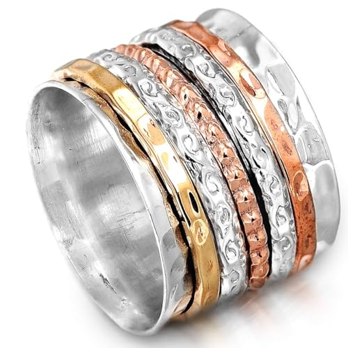 Boho-Magic 925 Sterling Silver Spinner Ring for Women with Copper and Brass Bands – Handmade Silver Band Ring for Everyday Wear, Comfort, and Style