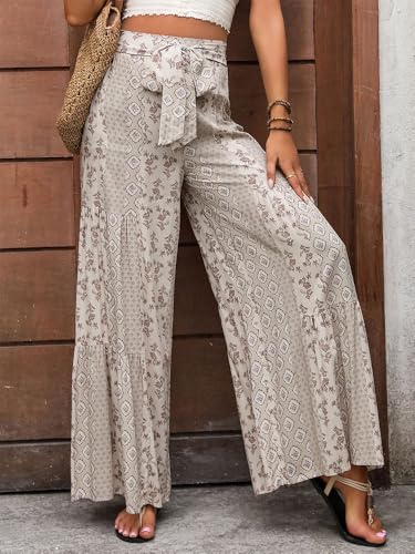 Women's Summer Ethnic Pattern Shirred Tie Front Wide Leg Vintage Pants, Boho Casual Patchwork Trousers for Beach Vacation4