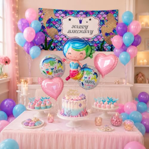 Image of Wanna Party Mermaid Theme Birthday Decoration Combo Pack, 36 Pieces | 4 ft x 2 ft Mermaid Happy Birthday Banner, 5 Mermaid Foil Balloons & 30 Latex Balloons in Pink, Purple and Aqua Blue