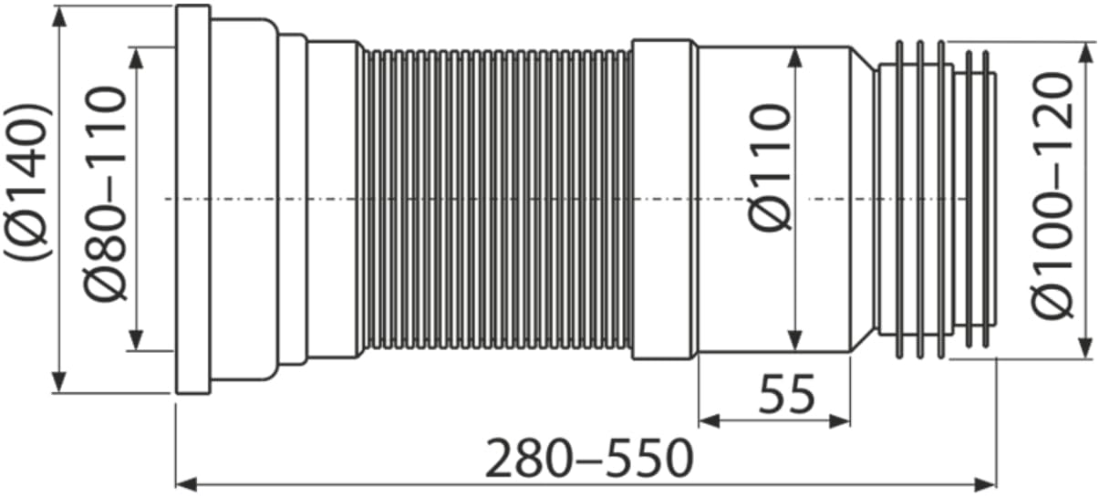 Przyłącze WC odpływ biały biały odpływ WC długość od 280 do 550 mm elastyczne średnica przyłącza 80/110 × 100/120 mm