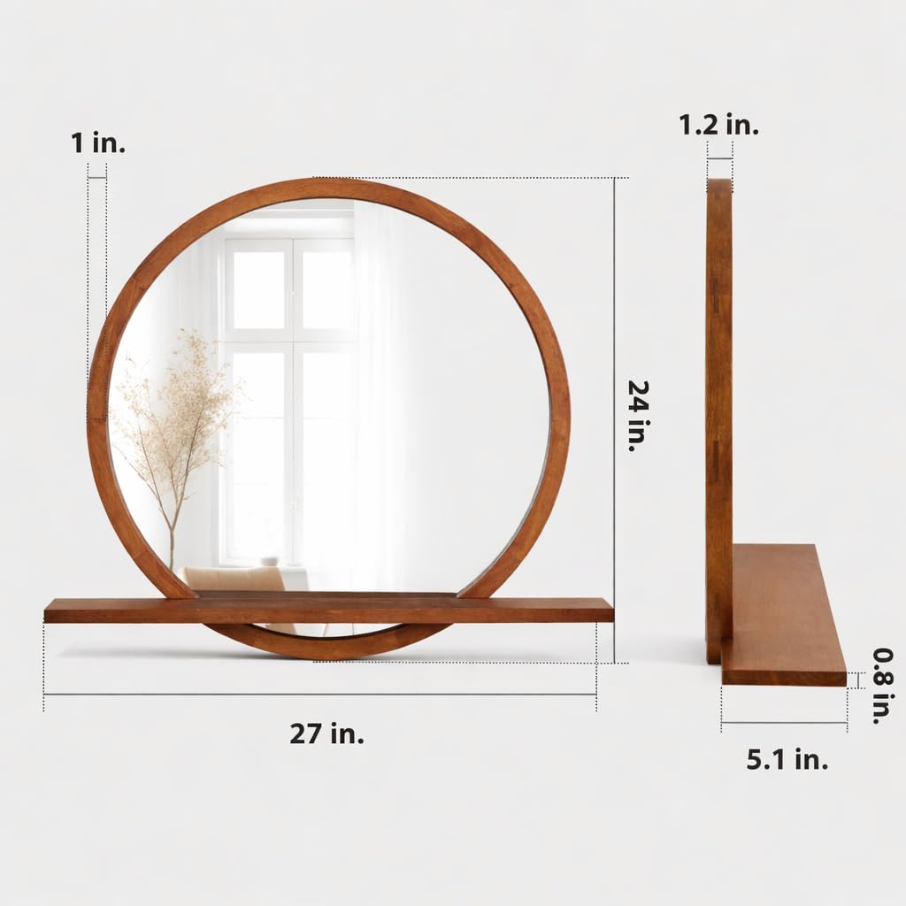 Solid Wood Wall Mirror with Shelf – Round Wood Frame Mirror for Entryway, Bathroom or Living Room – Handcrafted Look – 24 Inch